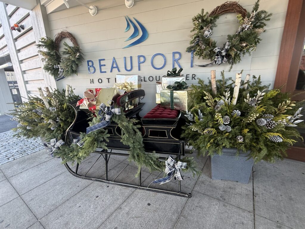 A Christmas display in front of a hotel