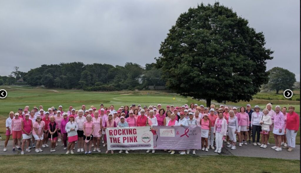 A group of women golfers dressed in pink for a play for pink fundraiser